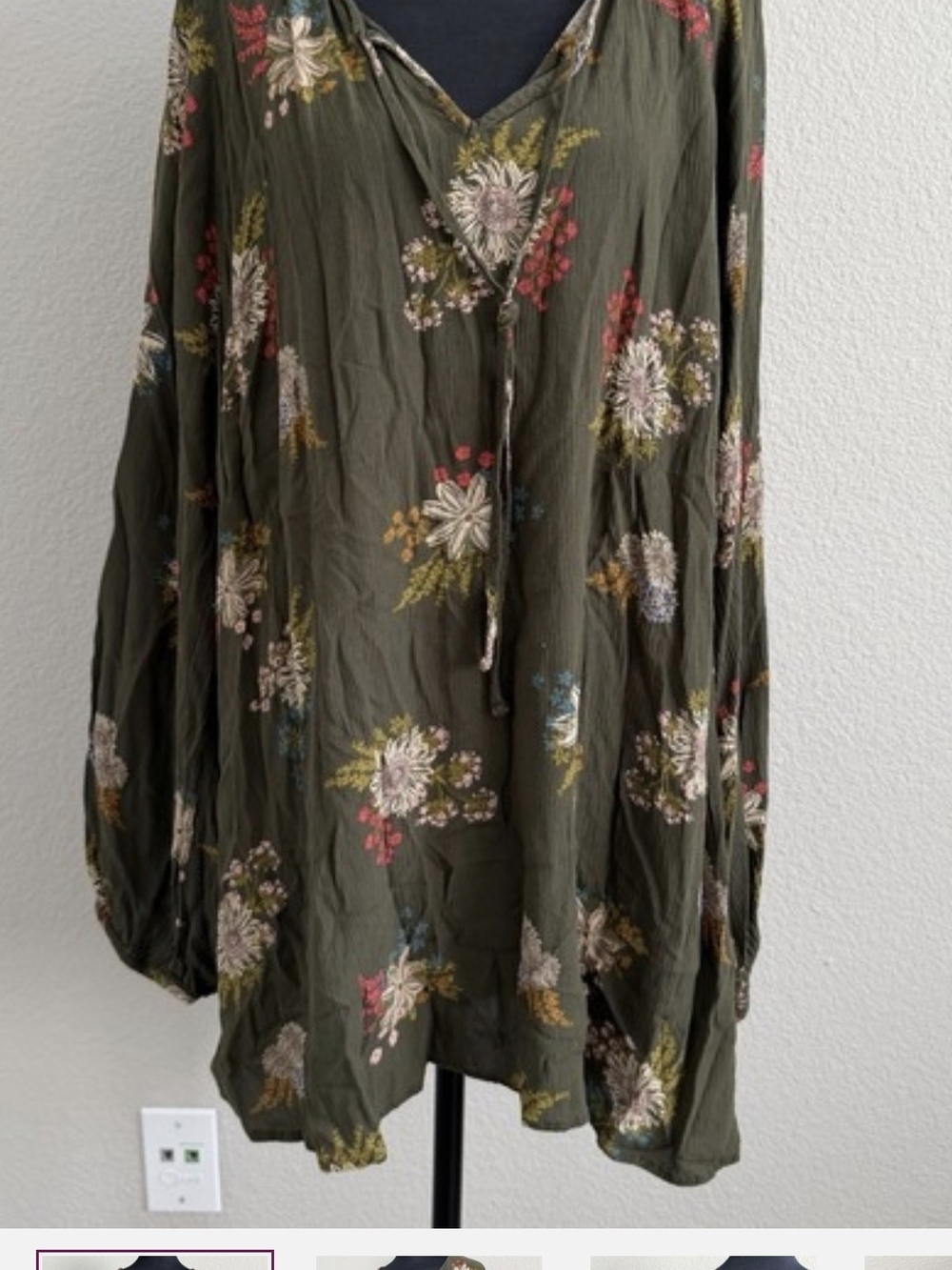 Women’s Olive Floral Tie-Neck Blouse